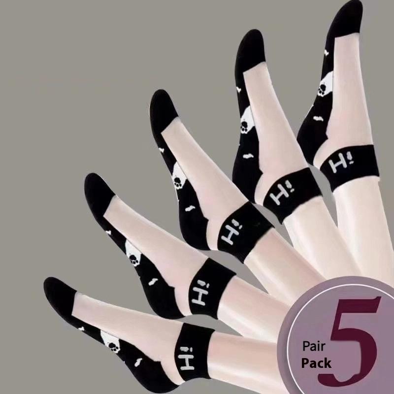 5Pairs/Lot Summer Socks Black And White Cat Glass Silk Breathable Female Socks Simple Short Socks