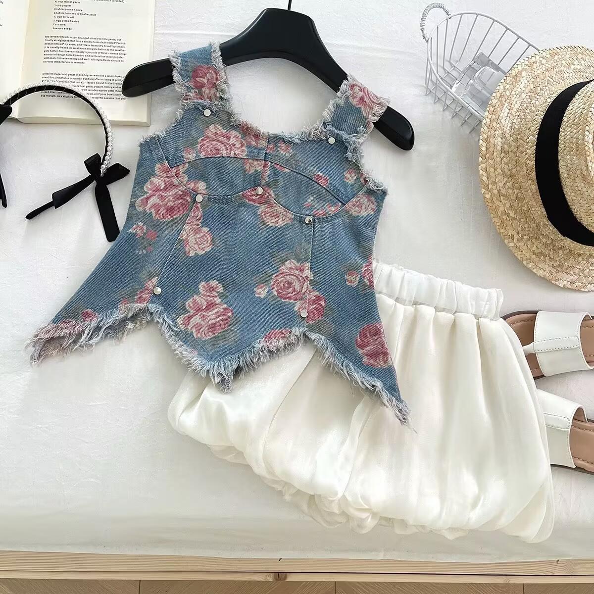 Summer Girls Floral Denim Camisole Top And Bud Shorts Two Piece Set Casual Fashion Outfit For Kids 90cm