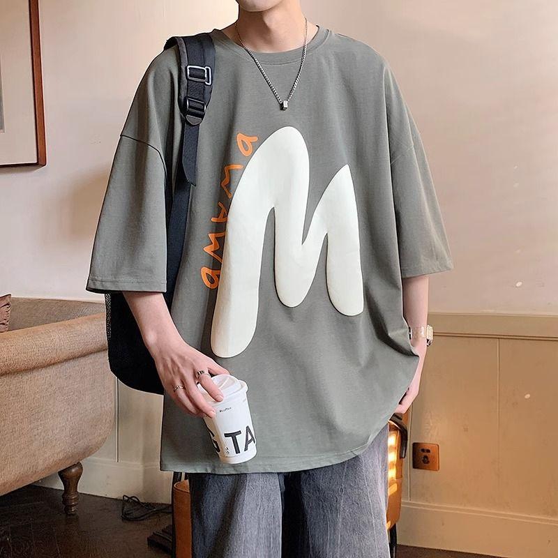 

Повседневные пуловеры свободного кроя с принтом букв, летние, в американском ретро-стиле, с полурукавами, мужская одежда, базовые футболки с круглым вырезом, молодежный стиль, новые M темно серый