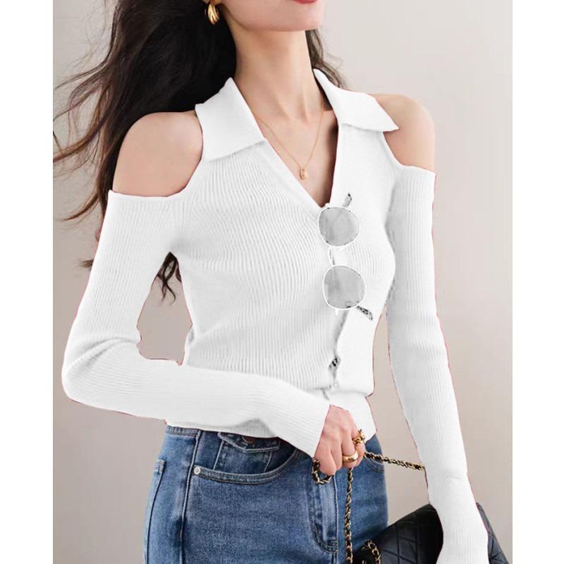 2025 New Elegant Off Shoulder Cardiagn Women Sweater Long Sleeve Slim Fit Fashion V-neck Knitted Top Solid Color Fall Fashion Sexy Knitwear Clothes