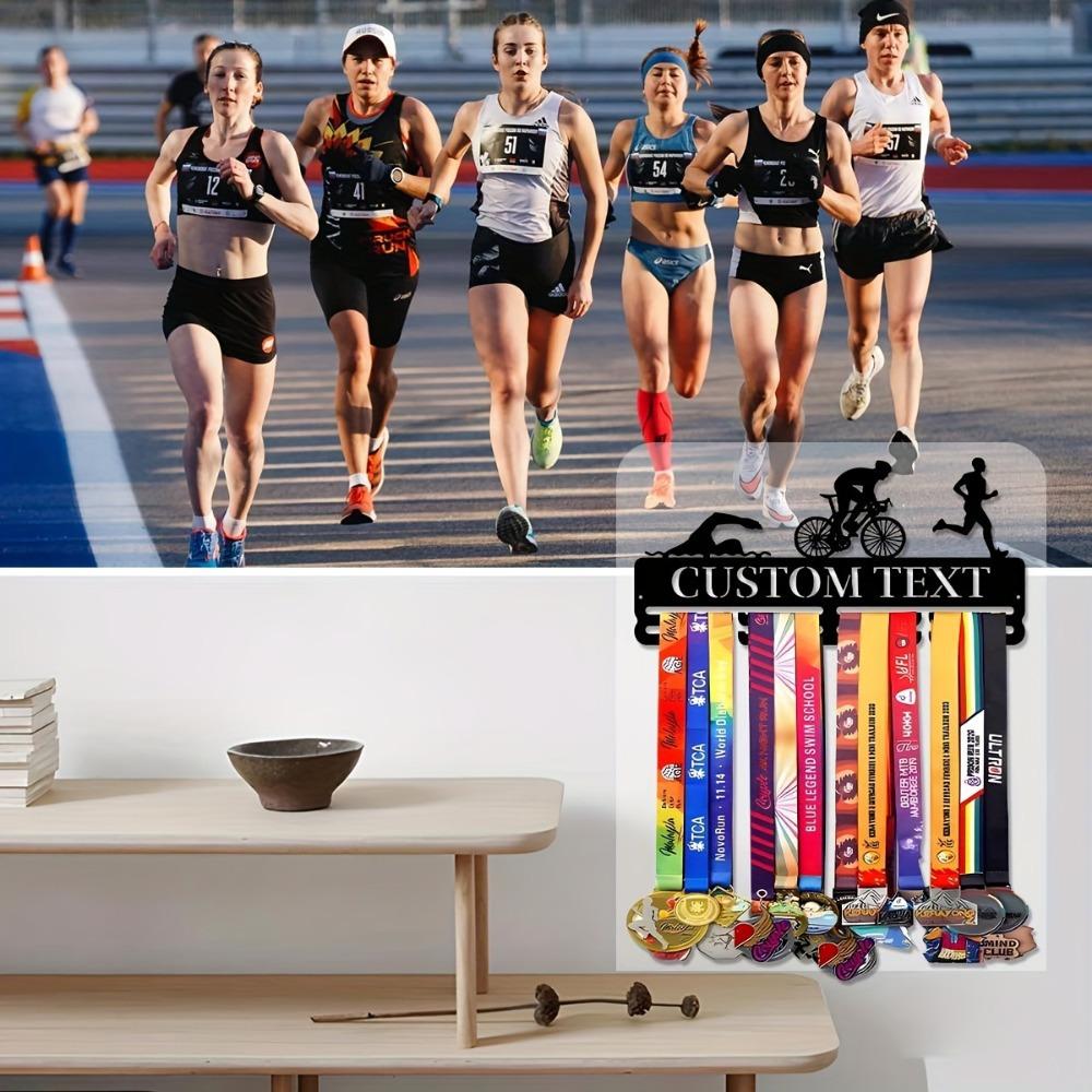 Vintage Custom Metal Medal Rack, Personalized Triathlon Trophy Display, Rustic Wall Decor & Nameplate with Hooks