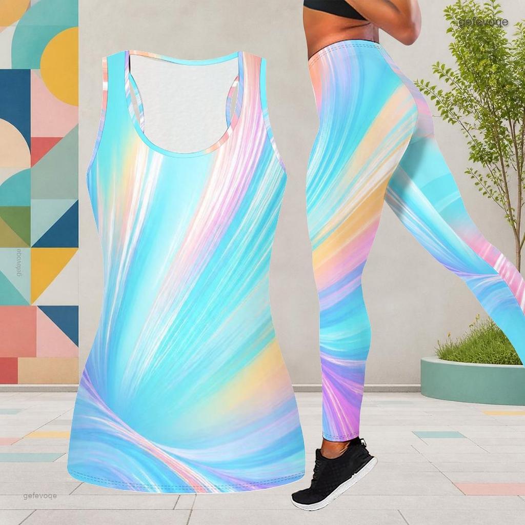 Women Plus Size Two Piece Set Scoop Neck Sleeveless Longline Tank Top Fitted Colorful Printed Pants