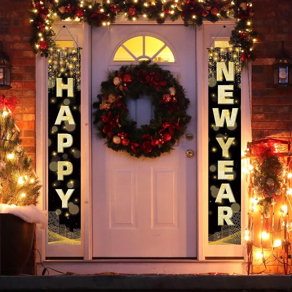 Labeol Happy New Year Banner, 72 x 12 Inch Large Front Door Porch Sign Hanging Banner Decorations New Years Eve Party Supplies 2025, Happy 2025