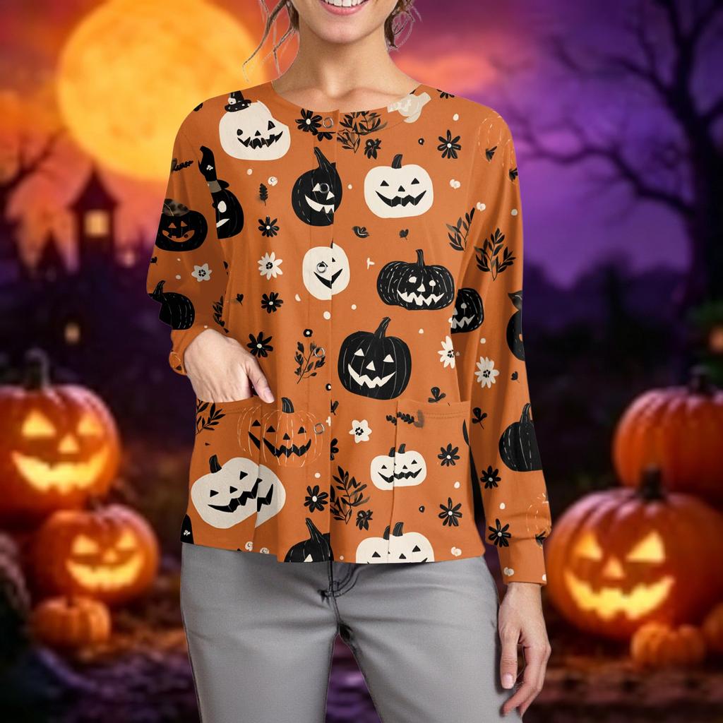 Women's Casual Long Sleeve Scrub Top with Single Buttons Halloween Print for Work Uniform