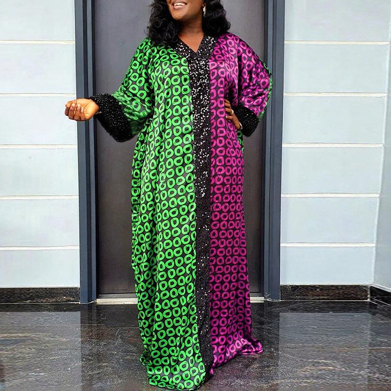 Oversized Women V Neck Batwing Sleeve Floral Print Casual Baggy Maxi Bohemia Dress