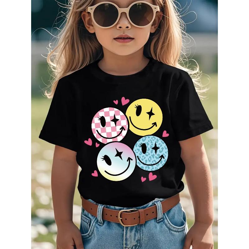 European sizes Summer Fashion Short-Sleeve T-Shirt for Girls Featuring a Checkered Pattern with Heart And Star Eye Cartoon Prints