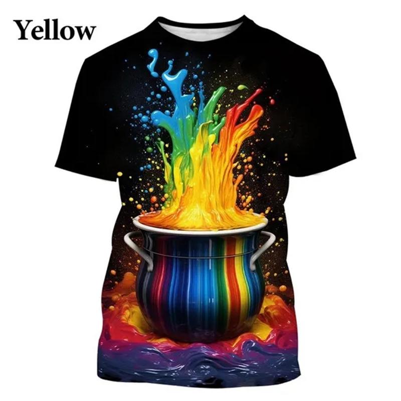 Camiseta colorida com estampa 3D de arco-íris e respingos de tinta para homens e mulheres, roupas da moda, camisetas, gola redonda, manga curta, camisetas