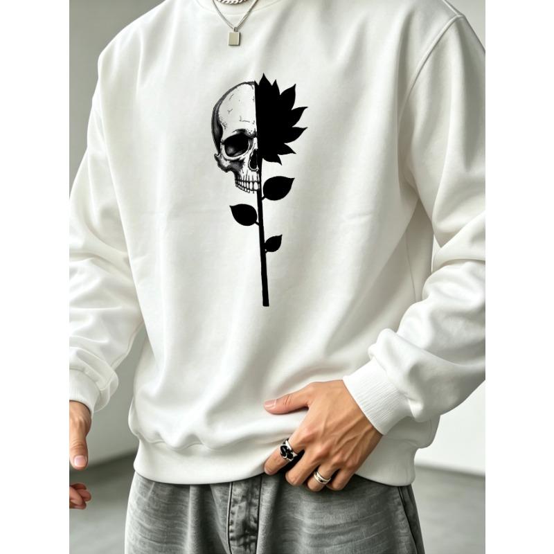 Men's Graphic Print Crew Neck Sweatshirt With Half Skull Rose Flower Art Christmas Halloween, Loose Fit Streetwear.
