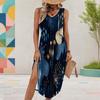 Women Plus Size U Neck Sleeveless Dark Blue Printed Midi Dress High Side Slit Curved Hem