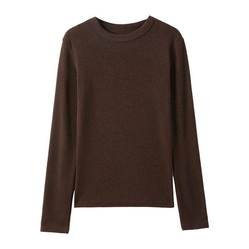 Women's Autumn And Winter Solid Color T Shirt With Brushed Long Sleeved Base Underneath