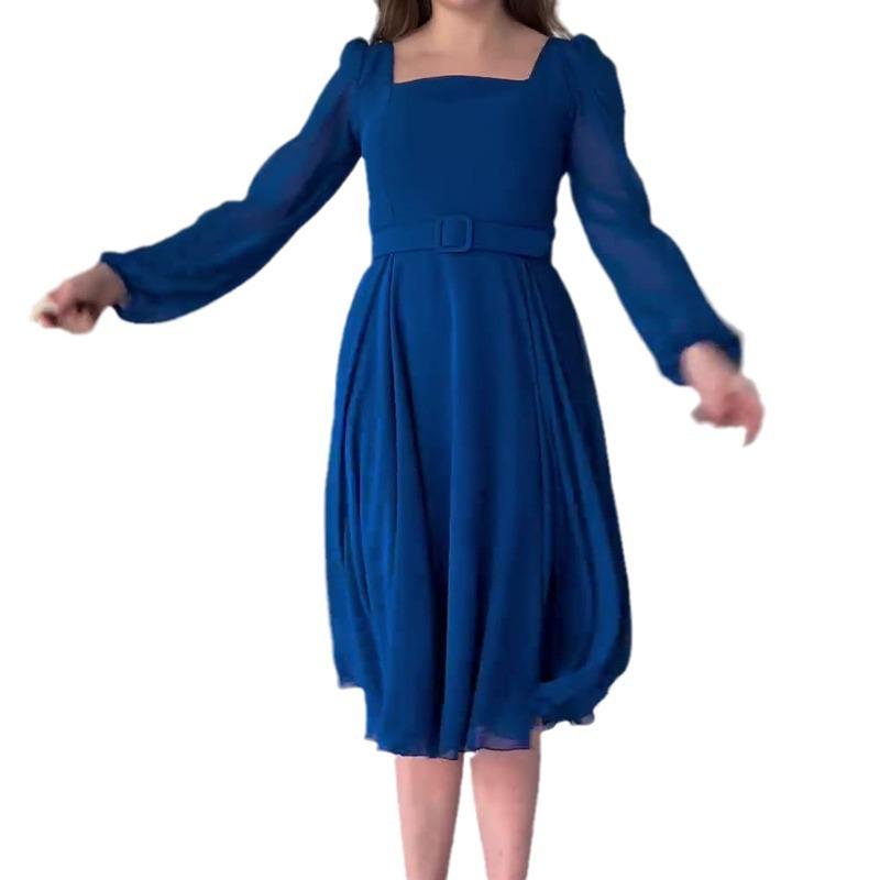 2024 Autumn European & American Retro Solid Color Square Neck Elegant Long Sleeve Dress