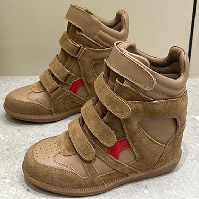 Invisible Inner Height-increasing High-top Shoes for Women, Autumn New Color-blocked Round-toe Velcro Sports and Casual Shoes, Hiking Shoes