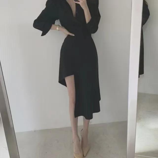 Niche French Slim Irregular Shirt Dress - Spring & Autumn, Waist-Slimming, Belly-Covering