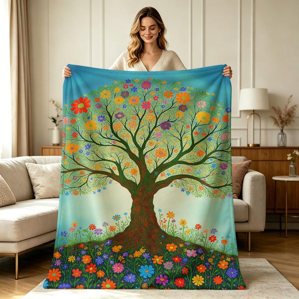 All Season Flannel Blanket with Colorful Flower Tree Nature Art Print Soft Warm Throw Blanket for Couch Sofa Bedroom Office Living Room Home Decoratio