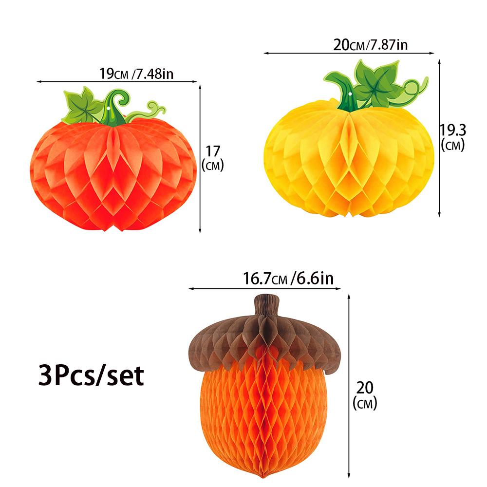 3Pcs/set Pumpkin Chestnut 3D Honeycomb Pendant Thanksgiving Halloween Party Decoration Honeycomb Pendant Autumn Harvest Festival