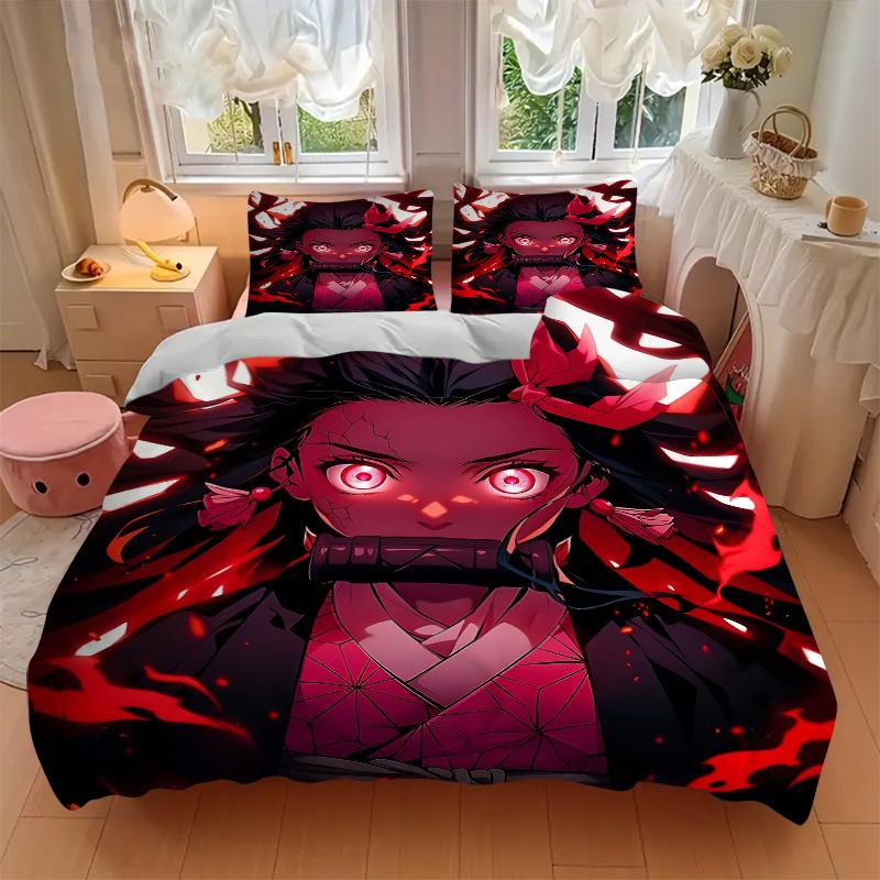3pcs Anime Character Kamado Nezuko Pattern Bedding Three-Piece Set (1 Cover + 2 Pillowcases, No Fillings), This Printed Bedding Set Is Soft