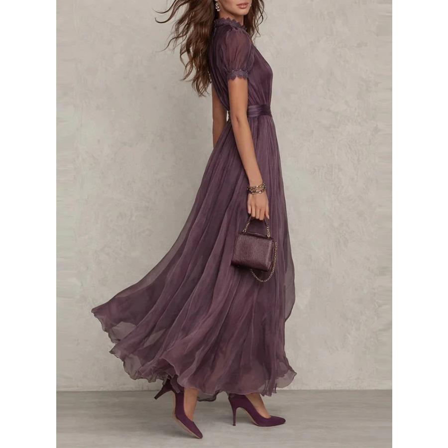 Vintage Vollspitze A-Linie Langes Kleid Damen O-Ausschnitt Hohe Taille Falten Partykleid Sommer Kurzarm Fließende Maxikleider
