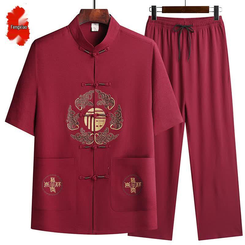 Men's Chinese Style Ice Silk Short Sleeve Tang Suit Set