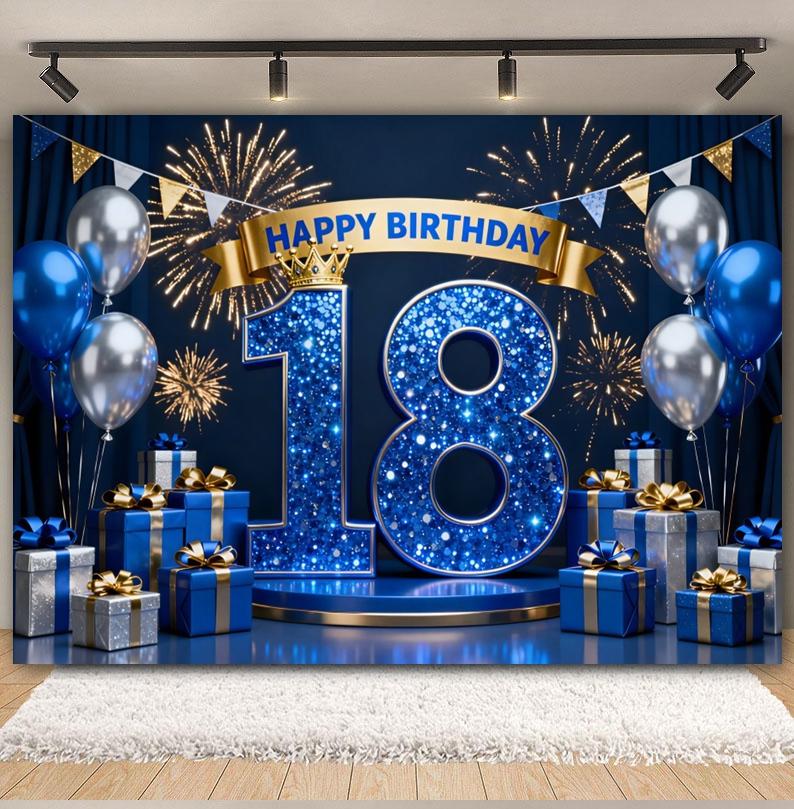 Black and Gold Balloon Gift Theme 18th Birthday Banner Backdrop Cloth Adult Gift Birthday Party Decoration Photography Backdrop