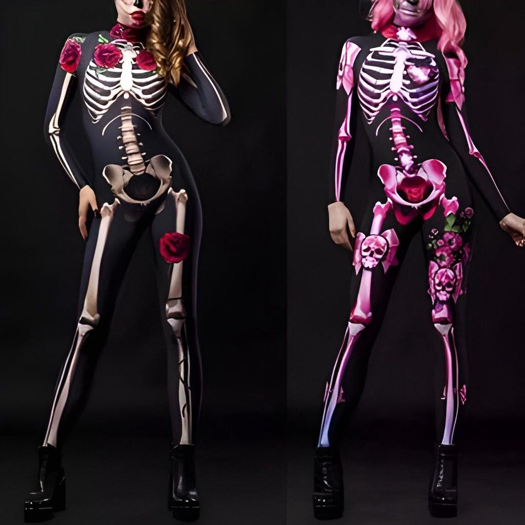 Kids Womens Halloween Costume Skeleton Cosplay Bodysuit Skinny Catsuit Jumpsuit