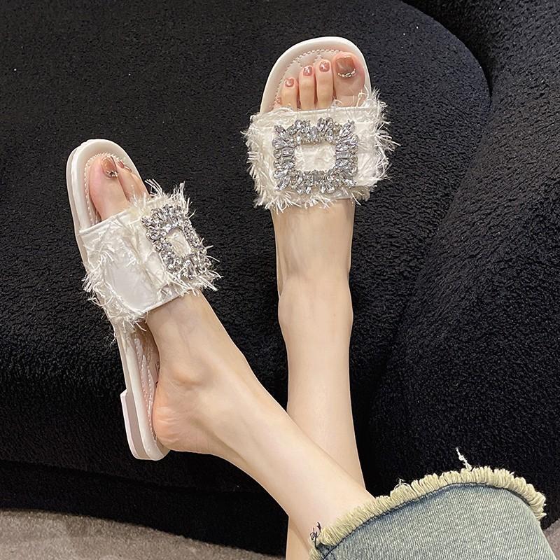 Women's Flat Slingback Sandals - Crystal Embellished Outdoor Slides, Viral Instagram Fashion Must-Have Beach To Street Shoes