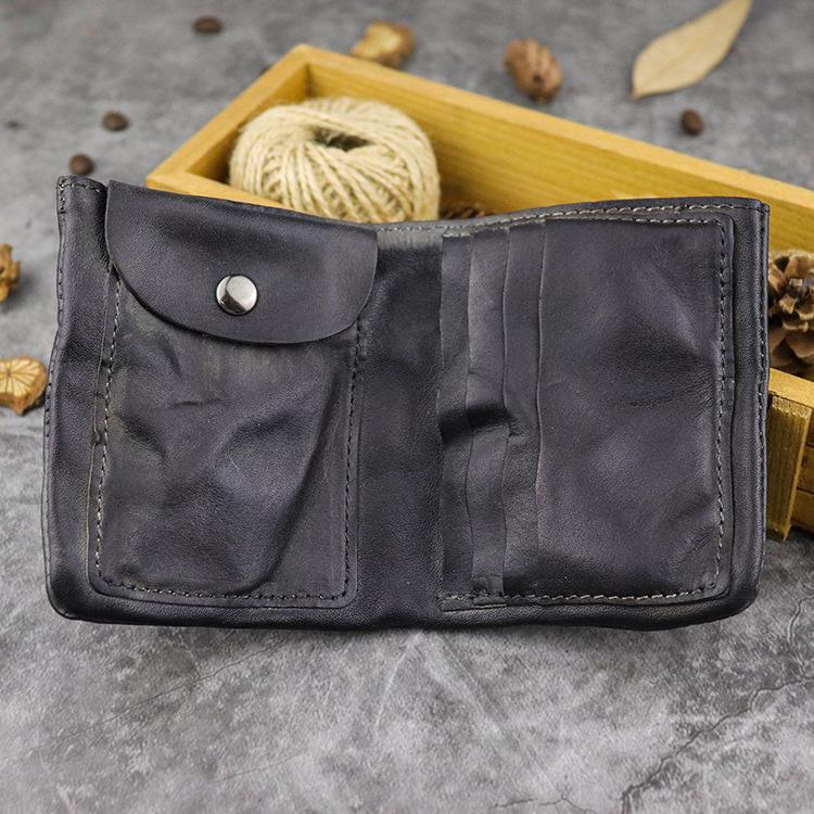 

Handmade Color Washed Cowhide Men s Wallet, Top Layer Vegetable Tanned Leather, Short Wallet, Large Banknote Clip, Wrinkled Card Bag чёрный