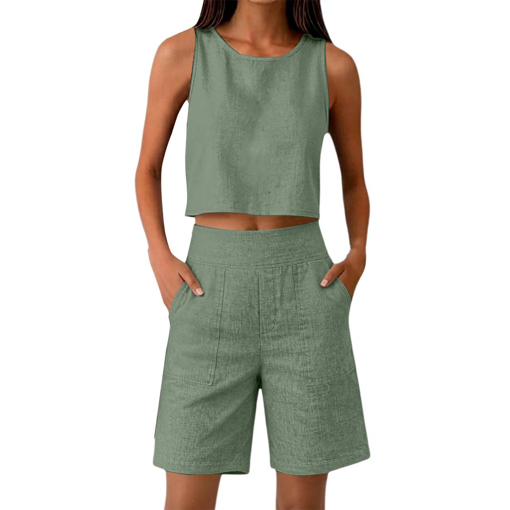 Damen ärmelloses zweiteiliges Set Leinenoptik Crop Top und High-Waist-Shorts lockere Passform Sommer-Outfit für Freizeitkleidung