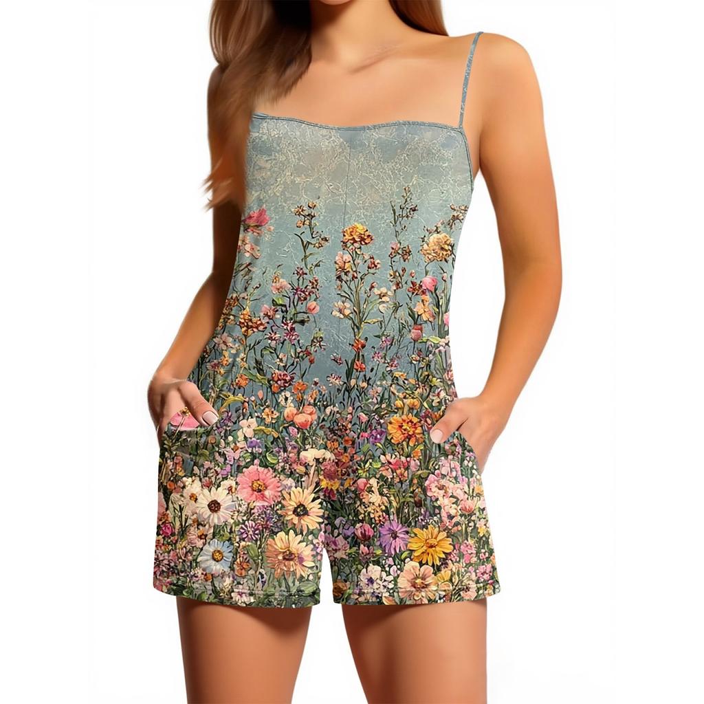 Women's Casual Fashion Floral Print Sleeveless Suspenders With Pockets Jumpsuit Shorts