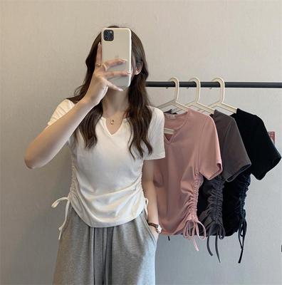 2025 Summer Pure Desire V-Neck Slim Drawstring Short-Sleeve Women's Top - Solid Color Trendy Student Style