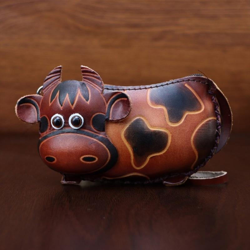 Genuine Leather Keychain Wallet With Adorable 3D Bull Design And Plush Lining Novelty Keychain For Keys And Coins