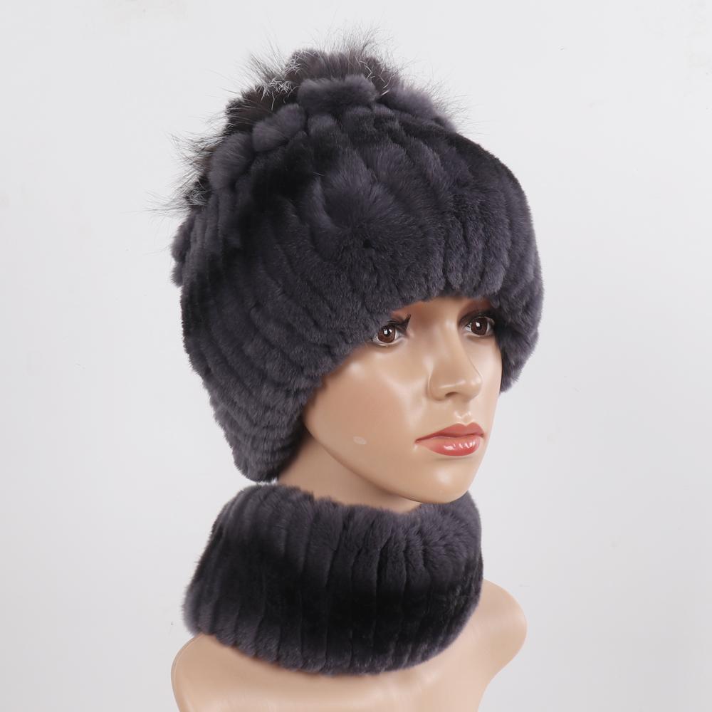 Knitted Women Warm Rex Rabbit Fur Hat Scarf Sets Winter Natural Rex Rabbit Fur Cap Scarves Russia Lady Fur Hats Muffler 2 Pieces