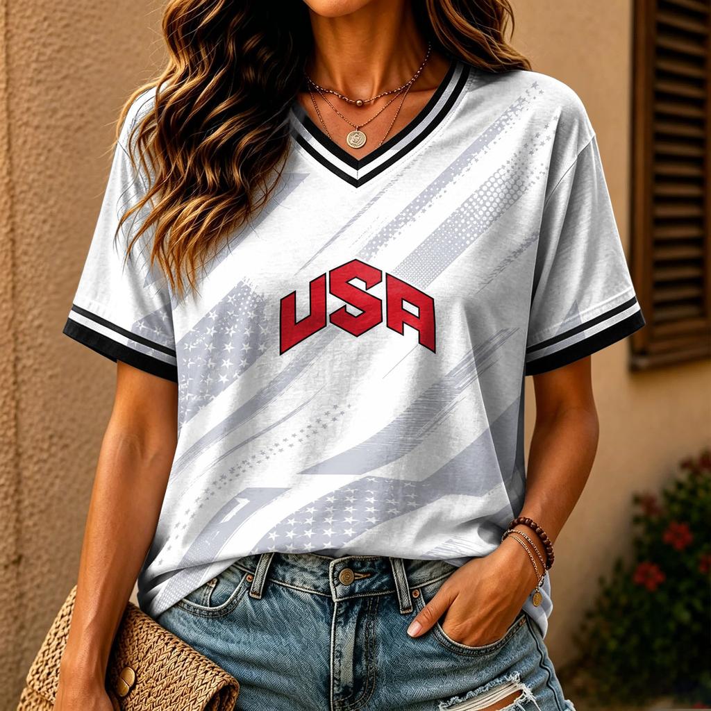 Damen Freizeit USA. Nationalmannschaft bedruckte Fußballfans sollten kurzärmelige Trikot-Oberteile unterstützen