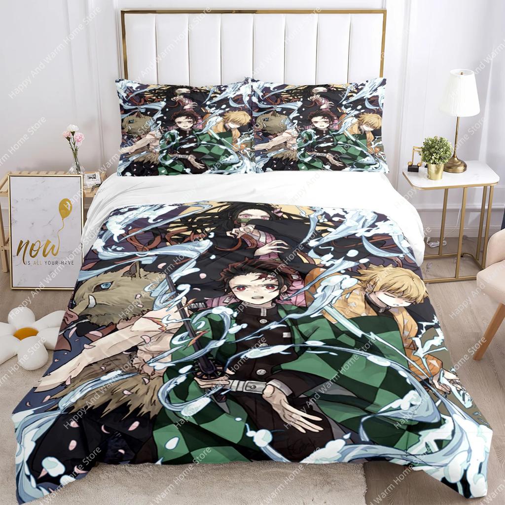 Anime Demon Slayer Print Bedding Set 2/3pieces Nezuko Bed Linen Queen Double Single King Size Duvet Cover Set Boys Adults Gift