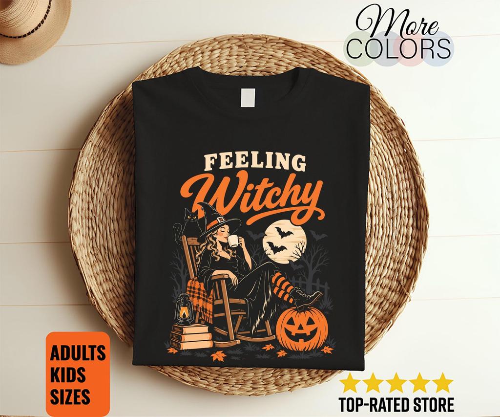 Feeling Witchy T-Shirt, Halloween Coffee Witch Tee, Black Cat Pumpkin Design, Gothic Book Lover Gifts, Spooky Season Outfit, Autumn Birthday