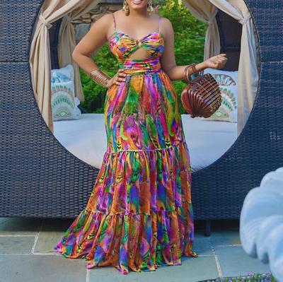European & American Women's Sexy Sleeveless Backless Maxi Dress with Print