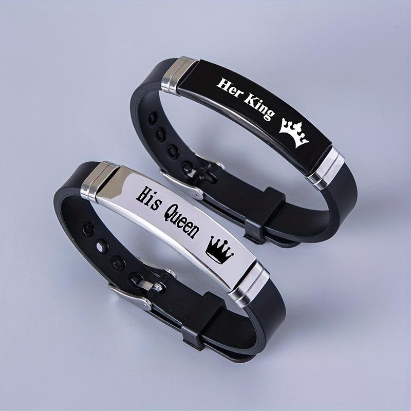 Pulsera de Acero Inoxidable para Hombre y Mujer, Pulsera de Moda Rey Reina, Longitud Ajustable, Pulsera de Silicona, Joyería