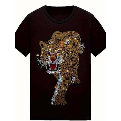 1pc Mens Tiger Graphic T Shirt Crew Neck Short Sleeve Regular Fit 180Gsm Black with Vibrant Golden Multicolor Casual Wear Ideal Gift for Fathers Day