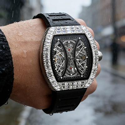 Relógio Mecânico Automático Masculino de Marca Superior Moda Caixa Tonneau Ponteiro Luminoso Relógio Esqueleto com Diamantes