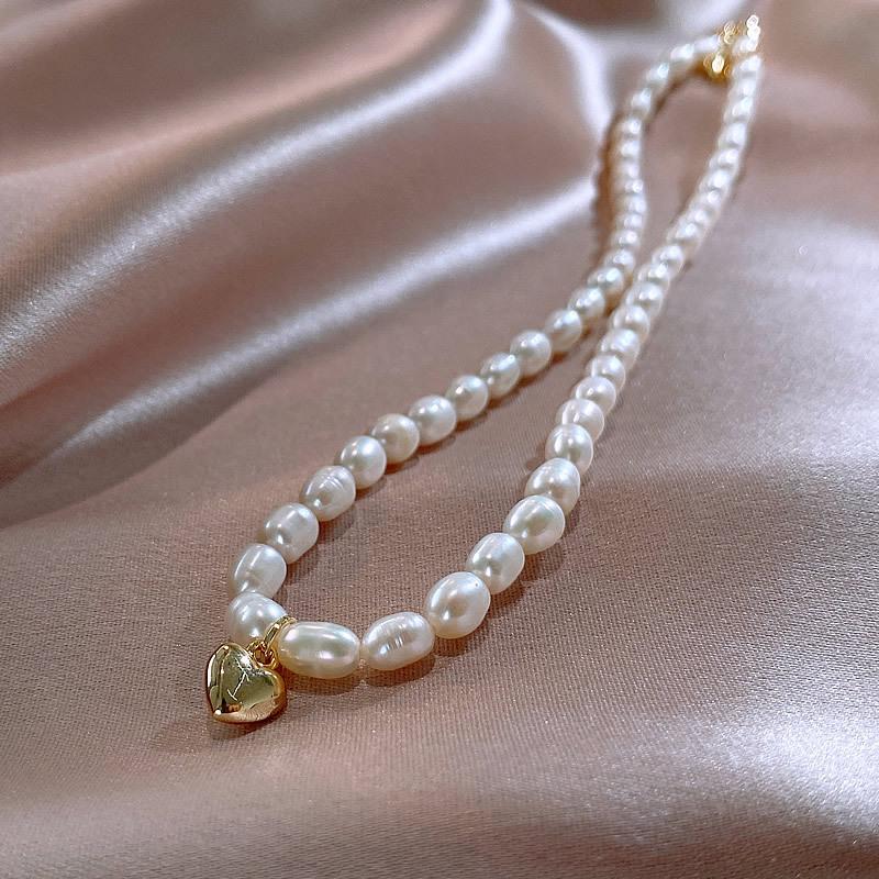 Baroque Rice Grain Freshwater Pearl Necklace Femininity Peach Heart Collarbone Chain Fashion Commuter Accessories