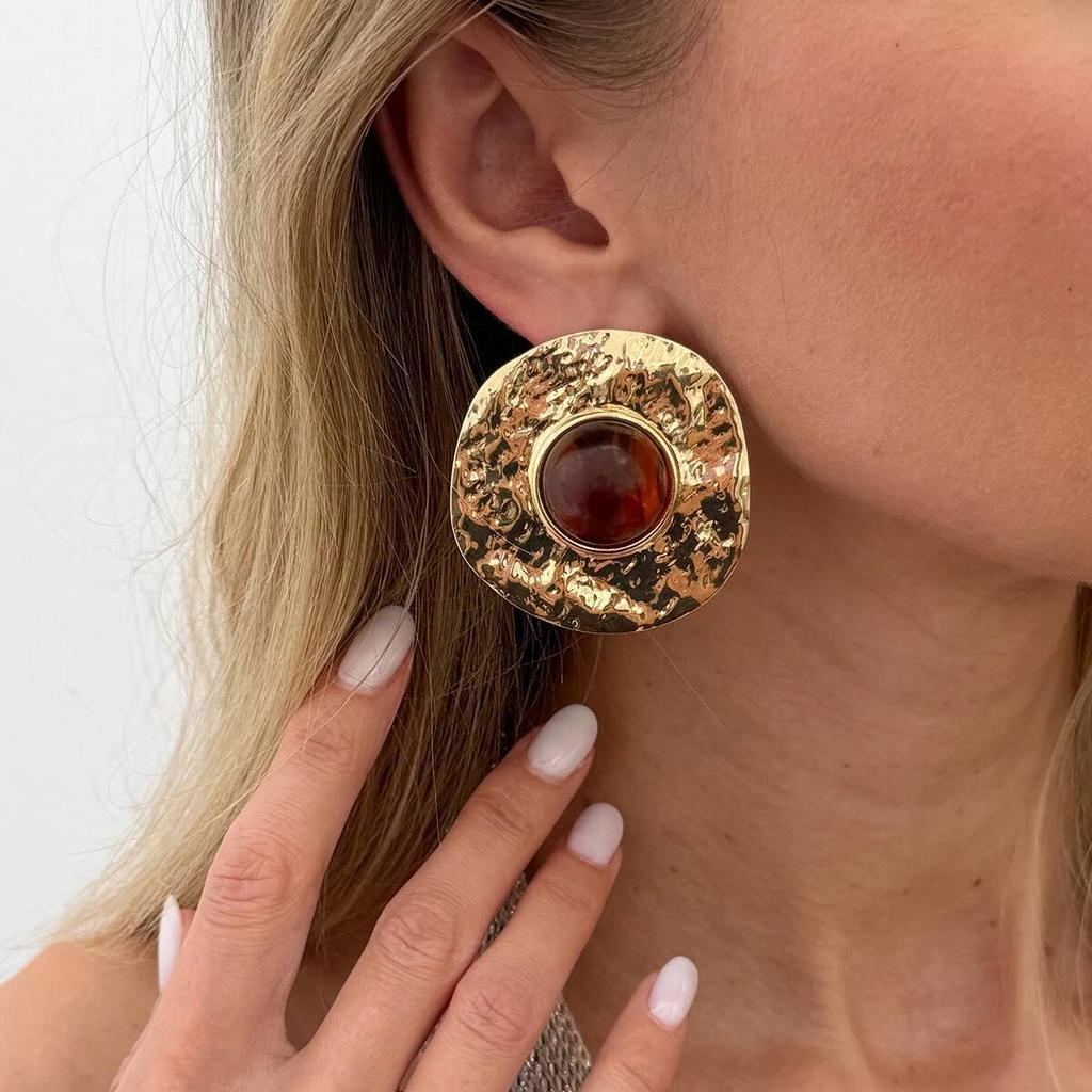 Salircon Classic Elegant Inlaid Brown Resin Earrings Women Vintage Geometric Round Earring Daily Wear Accessories Jewelry Gift
