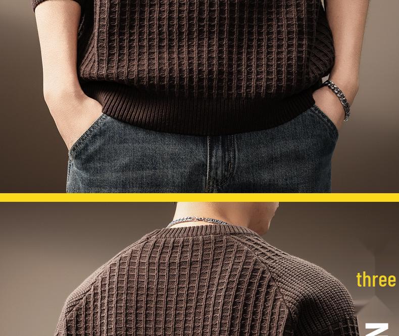 Men's High-End Waffle Knit Sweater: Autumn Winter Warm Casual Pullover