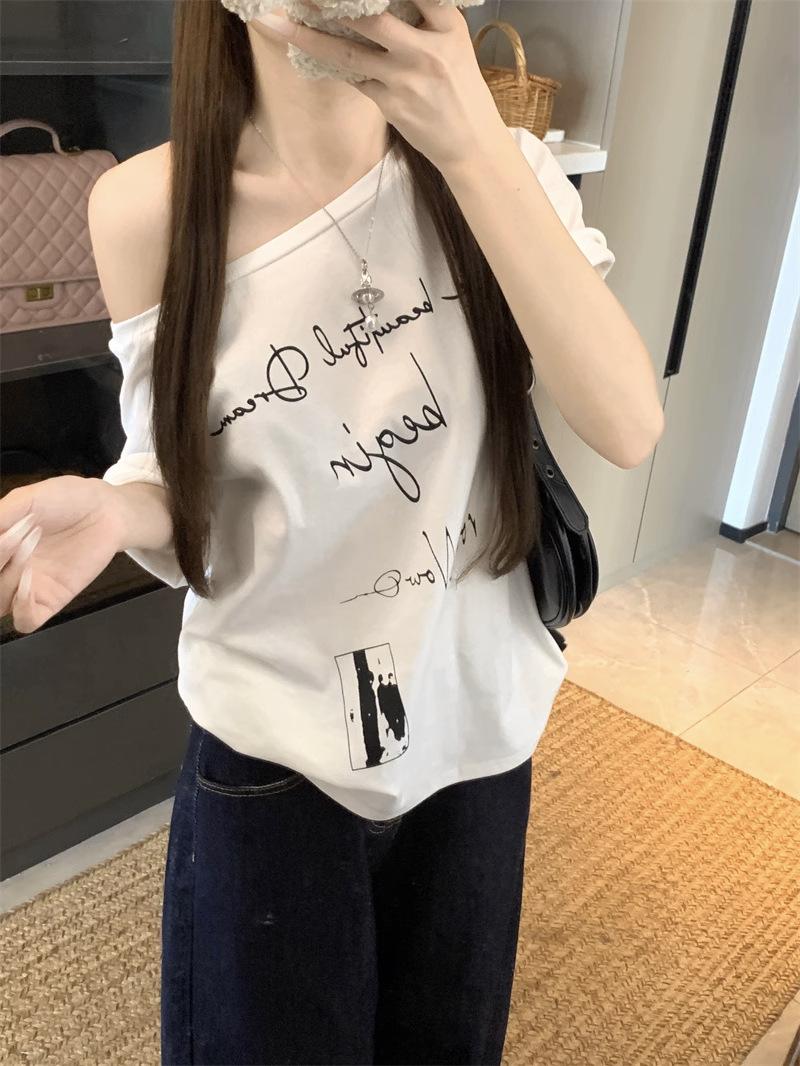 

Sweet and spicy style design slanted shoulder short sleeve T-shirt women s summer letter print versatile loose student top S белый