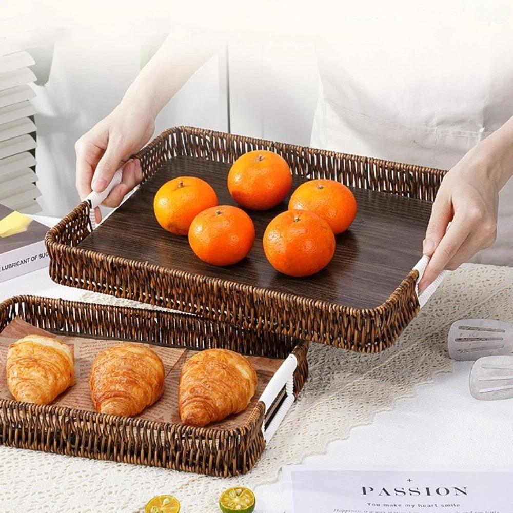 Handwoven Wicker Serving Tray Woven Handheld Plastic Rattan Storage Tray  Kitchen Storage