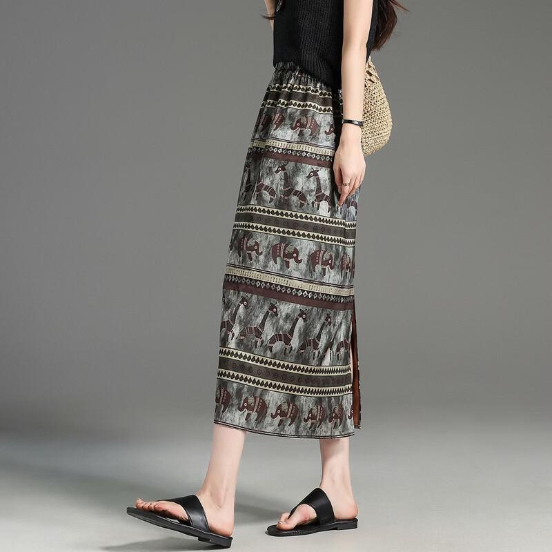 Demanana Women's Ethnic Print Slit Midi Skirt