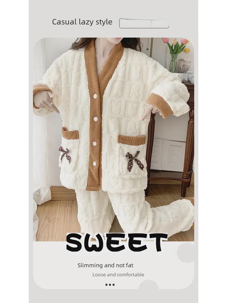 Plus Size Women's Flannel Pajama Set - Long Sleeve Cardigan, Warm and Cozy for Autumn and Winter