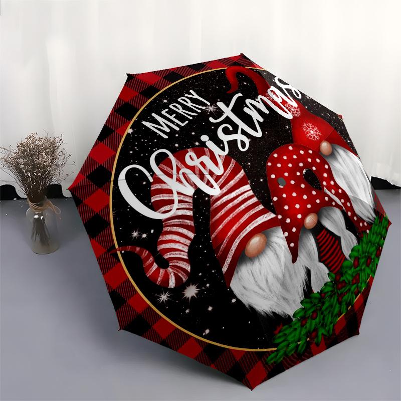 Merry Christmas Gnome Trio with Holly WreathUmbrella, Portable 3-Fold Compact Umbrella,Christmas Gift ES411