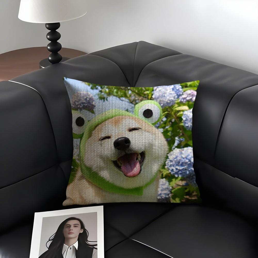 Cute Dog Cat Kawaii Gift Cushion Cover Natural Linen Organic Fabric Double-Sided Printing Sofa Home Decor Gift Pillow Case