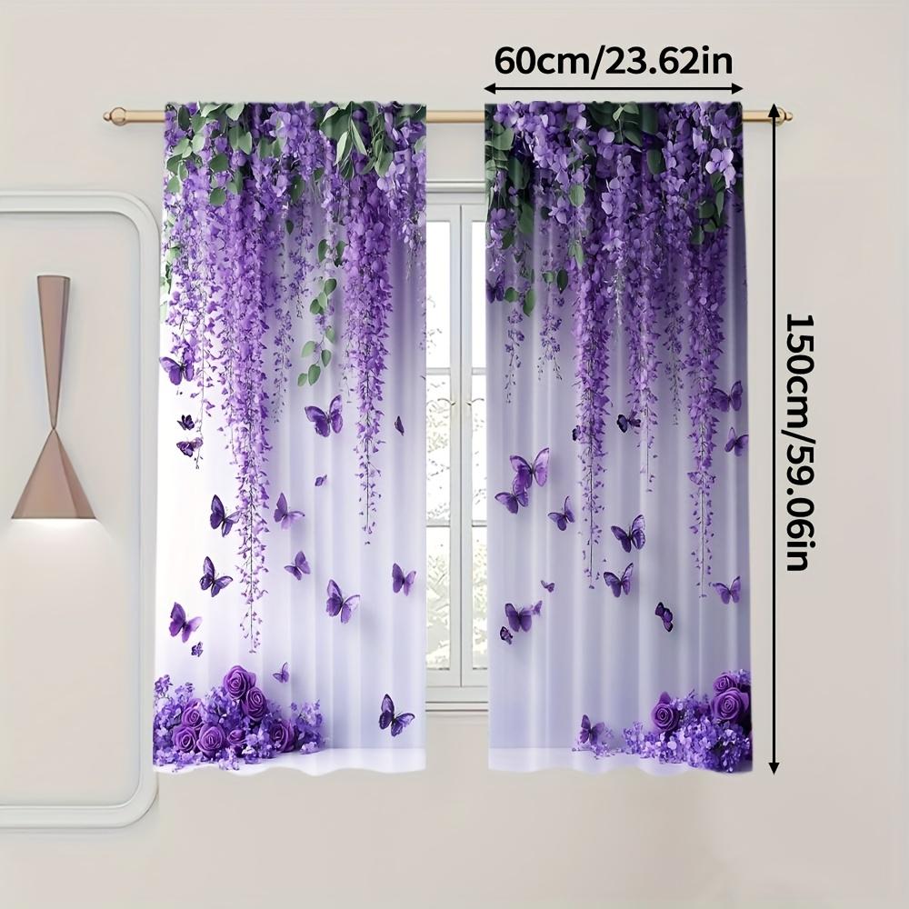2Pcs Polyester Stylish Spring Purple Printing Window Curtains Birthday Party Decoration Backdrop Drapes for Living Room