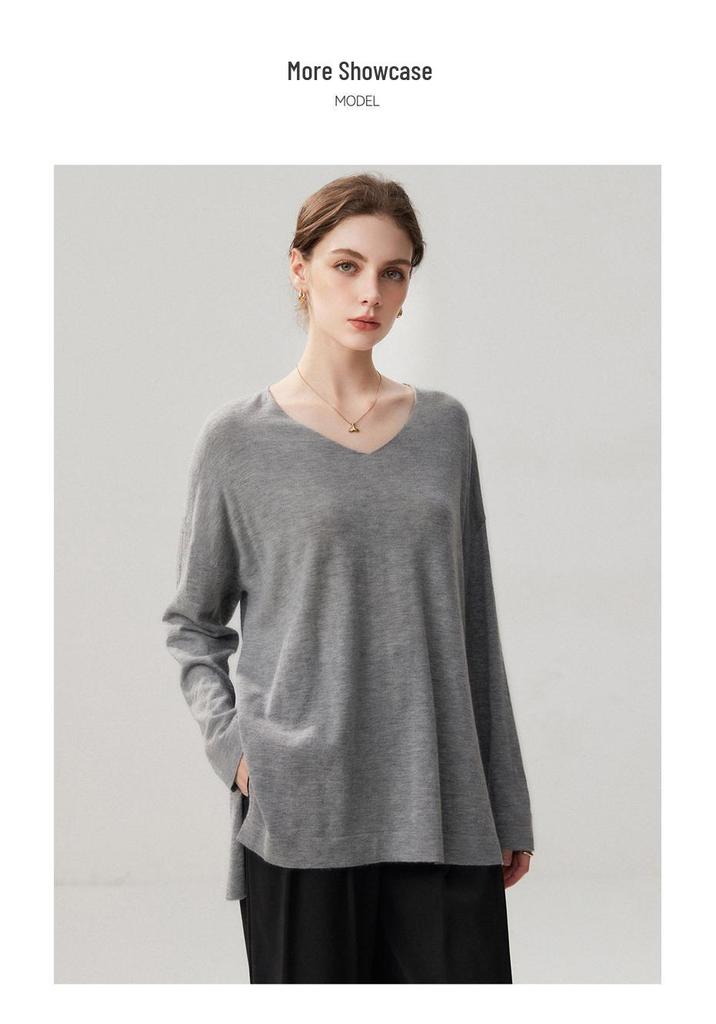 Women's V-Neck Loose Cashmere-Feel Side Slit Cardigan Sweater