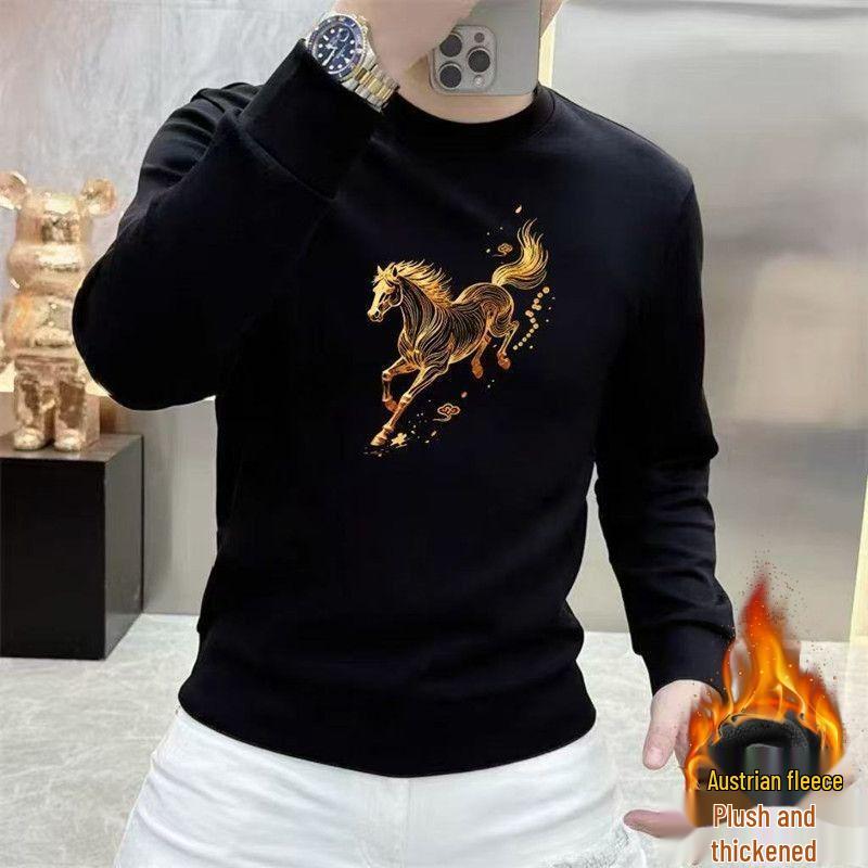 Men's Korean Style Year of the Horse Red Coral Fleece Hoodie, Thickened, Loose Fit, Pure Cotton, Round Neck, Autumn/Winter